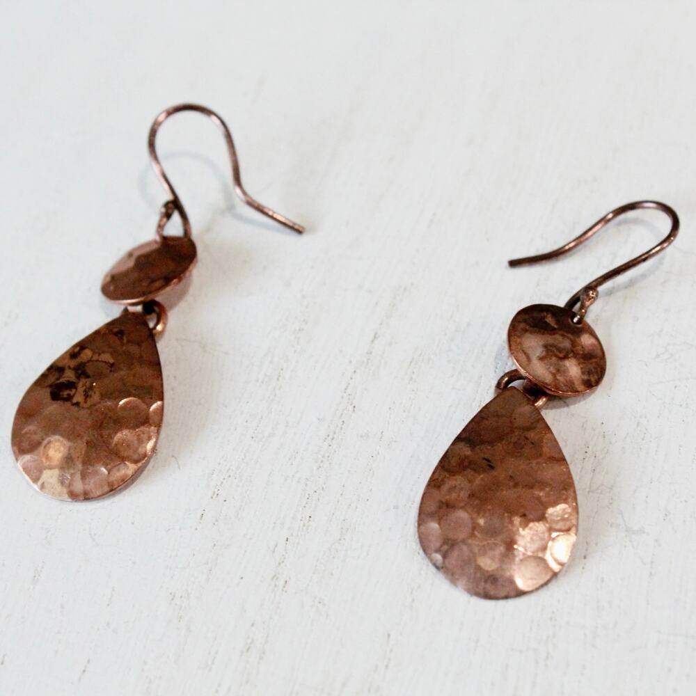 Artisan/ Handmade Hammered Copper Teardrop-Shaped Dangle Earrings NWOT